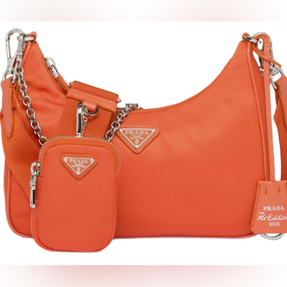 Orange Prada 2005 nylon clutch bag with all the added accessories